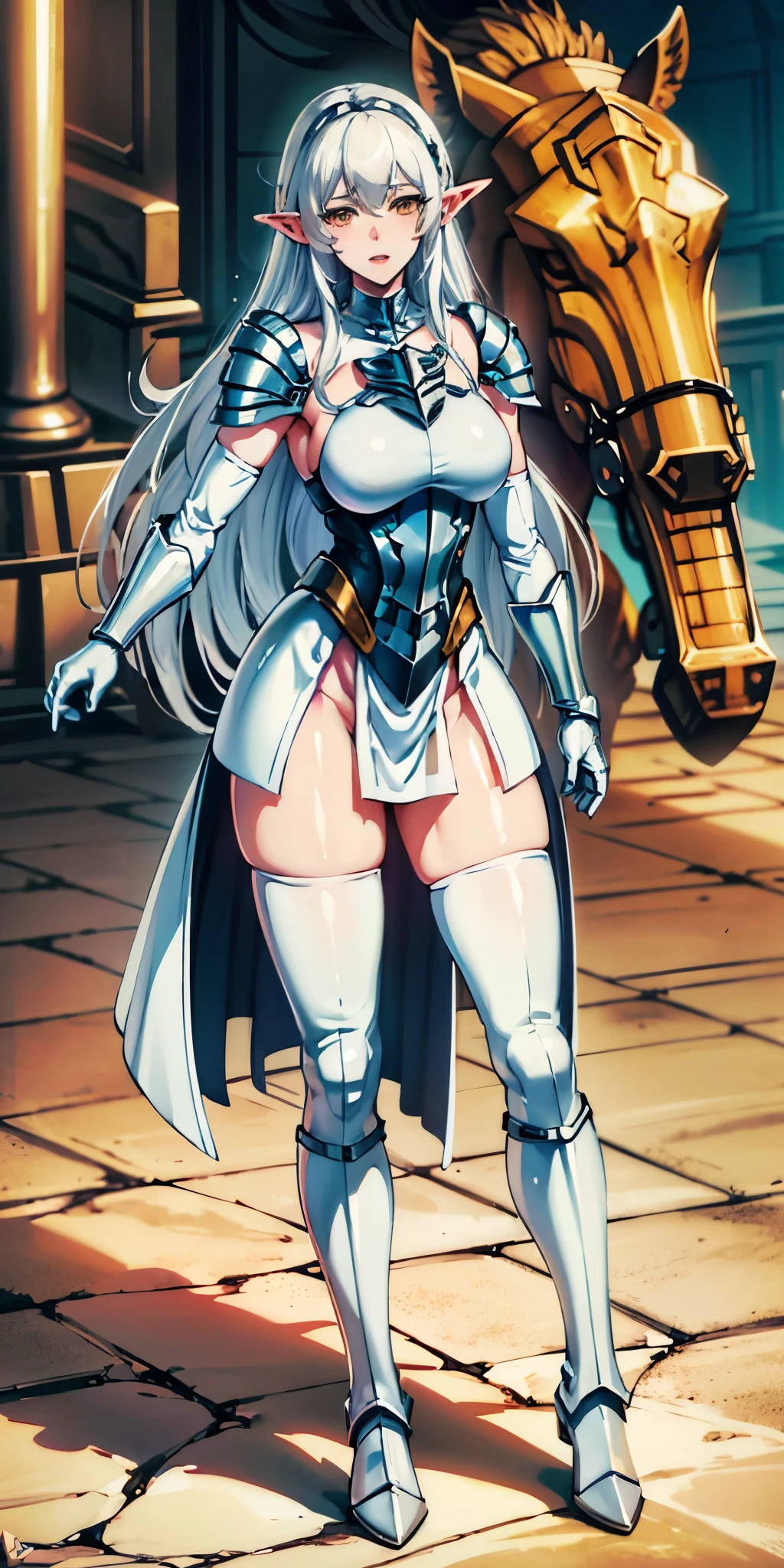 masterpiece, best quality, high quality, white SKIN elf, long hair, white hair, yellow eyes, full body, def_effie, blue breastplate, white skin, looking at viewer, shiny, armor, thigh highs, high boots, shoulder armor, faulds, poleyn, gloves, gauntlets