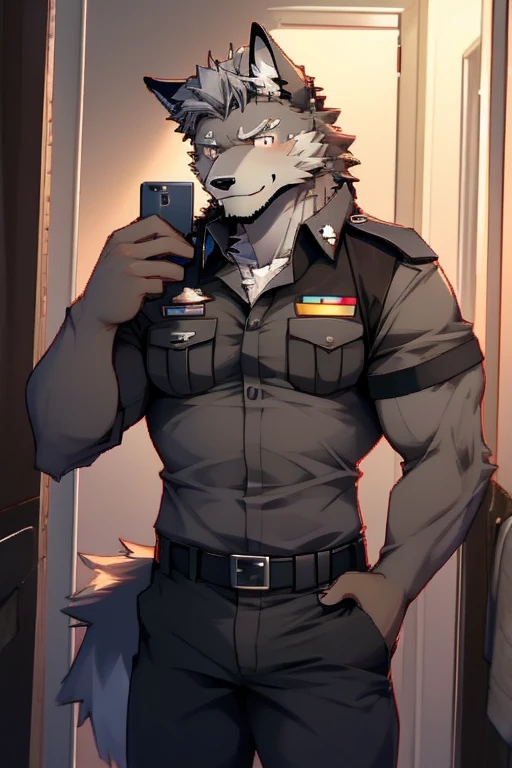 A Top body Picture And Right Side Picture of A Super Muscular Furry style Gray Wolf. he is wearing A Brown Police Outfit Uniform. he is standing in the background. blushes on his face, little spikey hair, little messy hair, gray hair, Ear Blush, Excited, Hands are in pocket, looking at the viewer, He have Long and fluff up tail. He have mostly gray furs, smiling, he have glint gray eyes, he is taking a selfie with his Phone in front of his mirror in his Very small bathroom