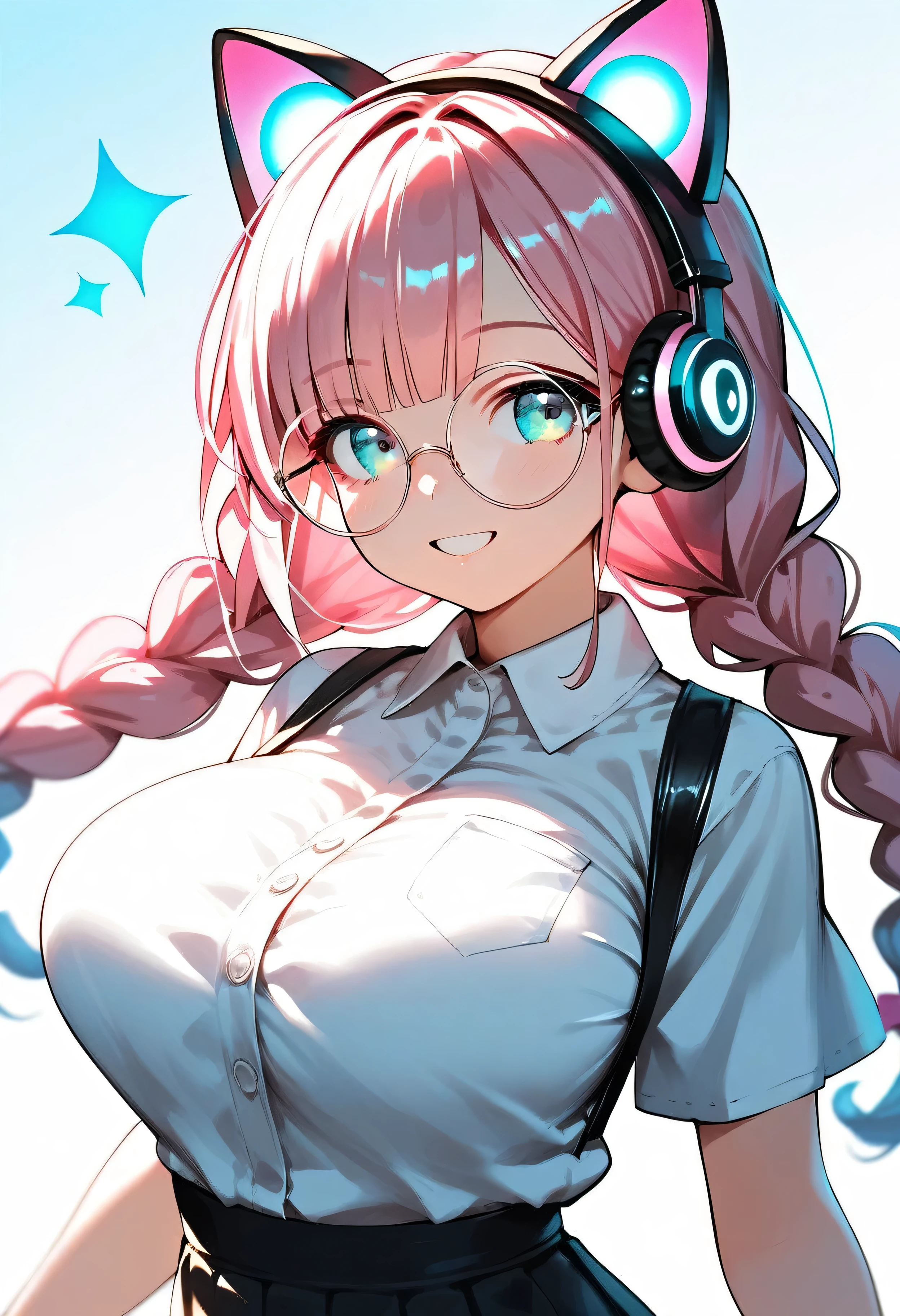  (best quality:1.2), (ultra-detailed:1.2), (2.5D:1.2), (Anime Moe Art Style), 1girl , pink hair,  Cyan eyes, gradient eyes, twin braids, Glowing cat ear headphones, black round glasses ,large breasts, A big smile、dynamic、