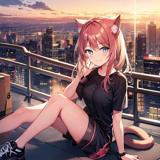 Tokyo, Japan, Giantess, cat ear, Light frown, Looking down, sky, Sheer white shirt, Black skirt, black lence stockings，Block sunlight, high-heels, Raise your feet, disrupt, buildings collapsed