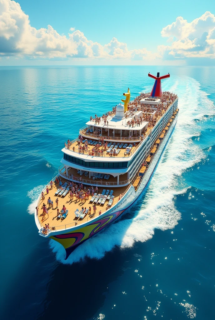 Global perspective,There are a lot of girls in bikinis playing near the oversized cruise ship