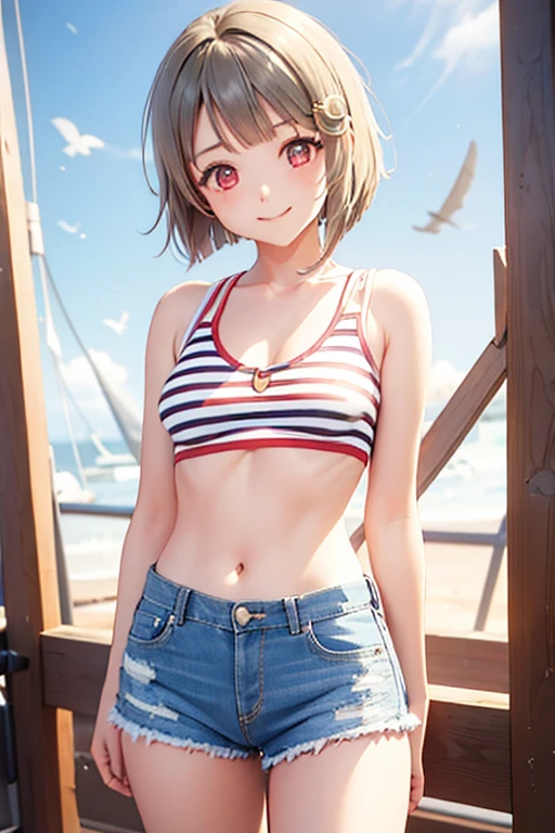 One Girl, Cowboy Shot, High resolution, smile, Highest quality, masterpiece, Tan Hair，Bobcut，short hair，ワンレングスBobcut，Asymmetrical hair，Long left bangs，Red Eye,nakasu kasumi，Denim shorts，Red and white striped patternＴshirt，Modest size chest，Crescent-shaped hair ornament on the left，Outdoor，whole body