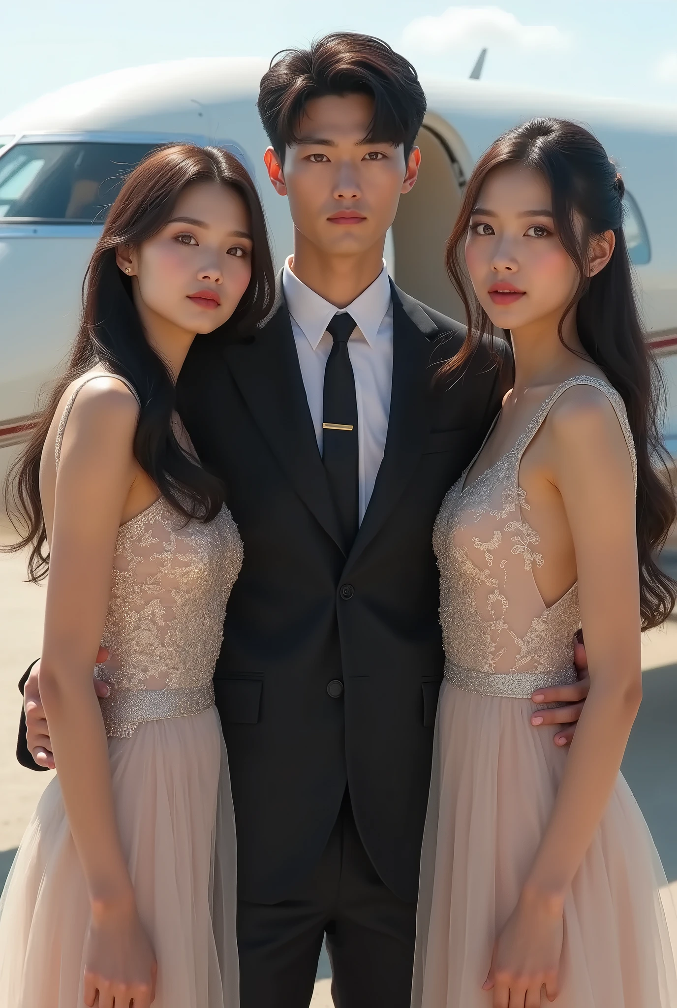 Realistic, Long shot, 4k, high detailed, high quality, Potrait of one man(24 years old) in a suit(in the middle) and 2 girls with luxury dress, standing, perfectly proportioned, intimate, Lovers, close to each other, perfect anatomy, perfect background, perfect face, perfect body, detailed face, look at camera, in front of private jet, outdoor