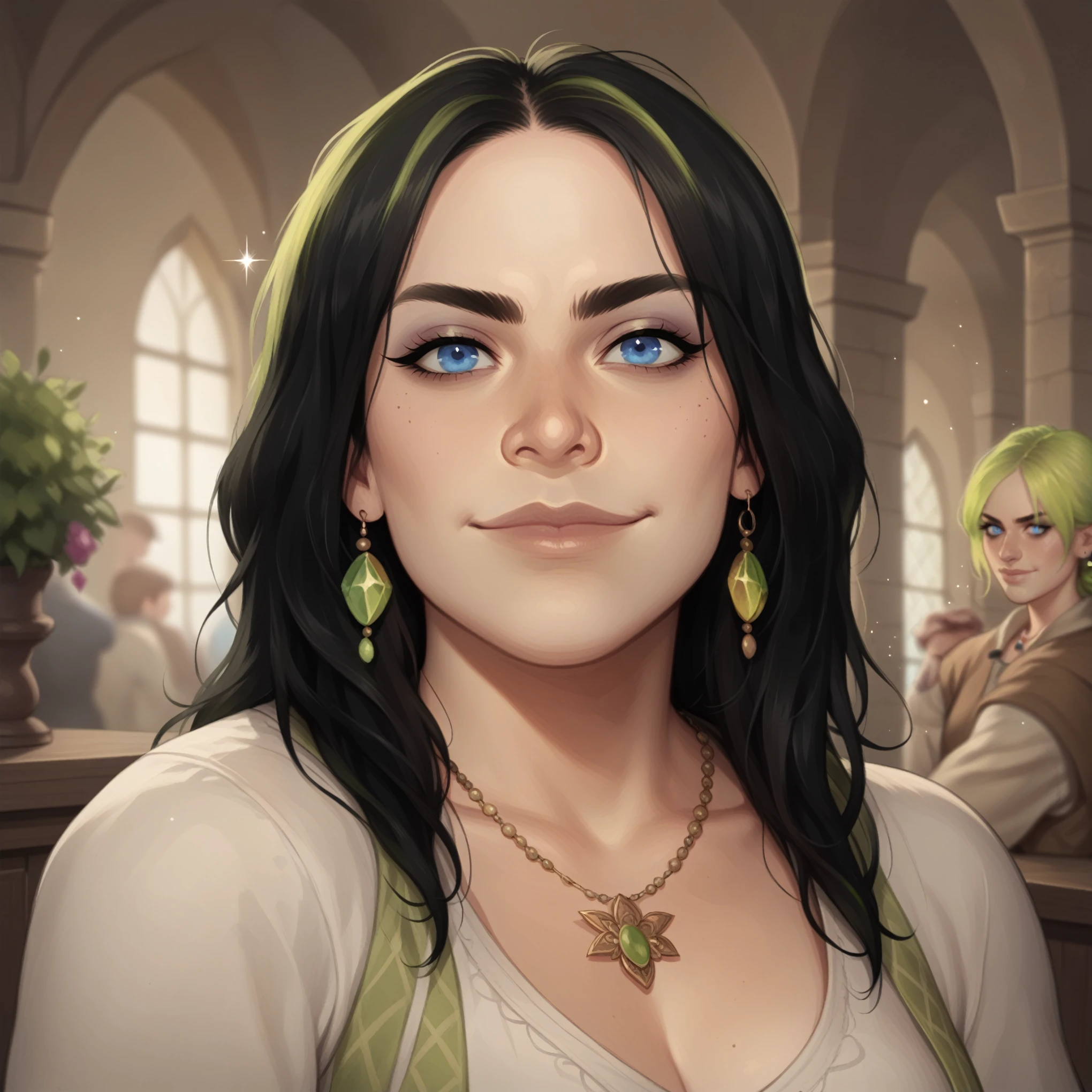 (((beautiful, high quality, comics style, detailed face))), score_9, score_8_up, score_7_up, BREAK, portrait, solo, 1girl, ((30yo woman, Billie Eilish)), collarbone, blue eyes, black hair, messy top bun:1.3, curly hair, ((dynamic pose)), sultry:1.1, serious stare, stern look, smiling, smirking, noble, intricate chiffon dress, necklace, sparkle, gems, medieval town background, blurred background, Expressiveh, detailxl