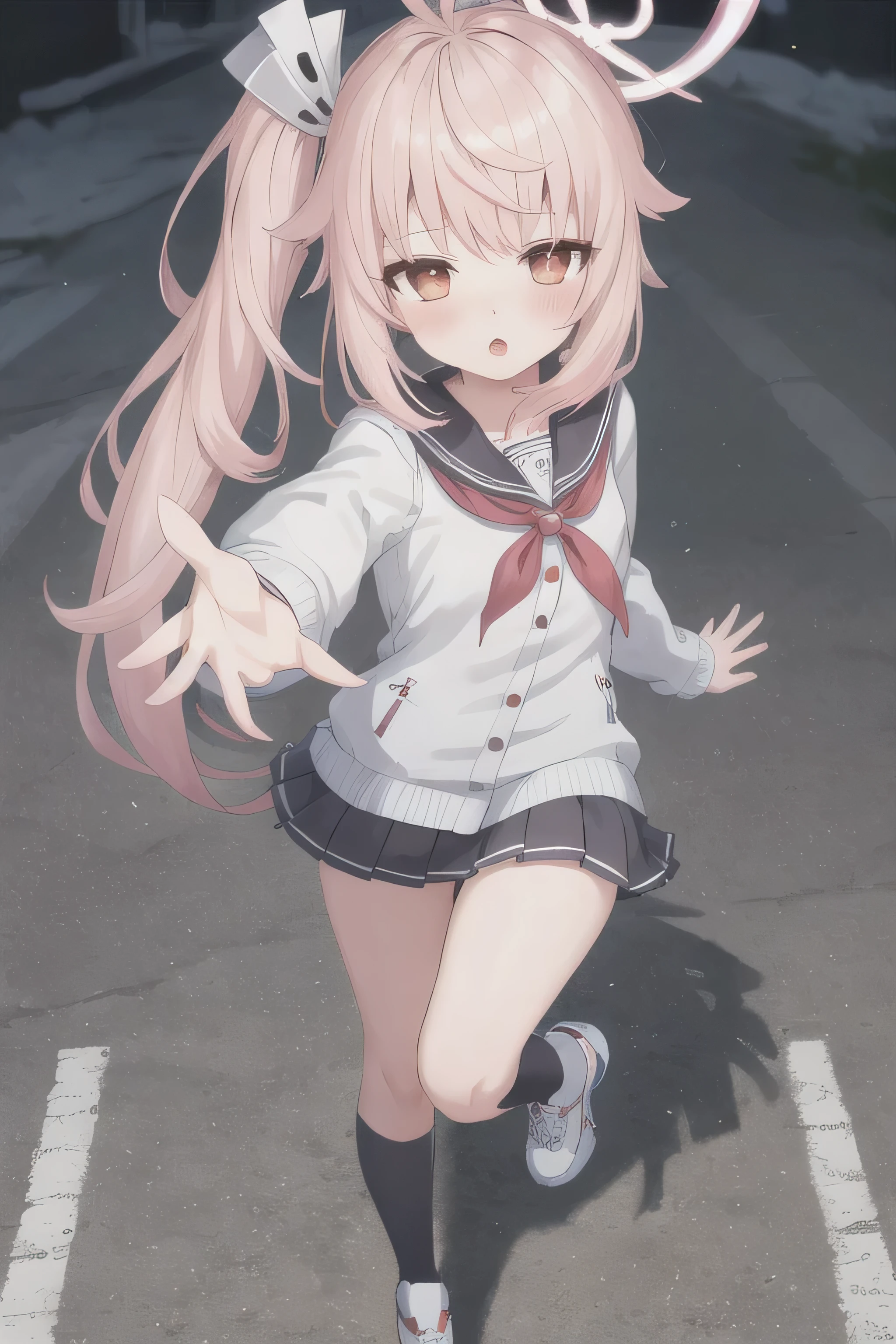 One Girl, summer,Pink Hair, halo, Ahoge,Side Ponytail, Long Hair,Ahoge,Hair Accessories,
Long Hair,Long sleeve,Sailor collar,Uniform,Seraph,skirt,Knee socks,black Knee socks,Red neckerchief,
(Dynamic pose,:1.3),from above,Dynamic pose、Focus on the thighs、
