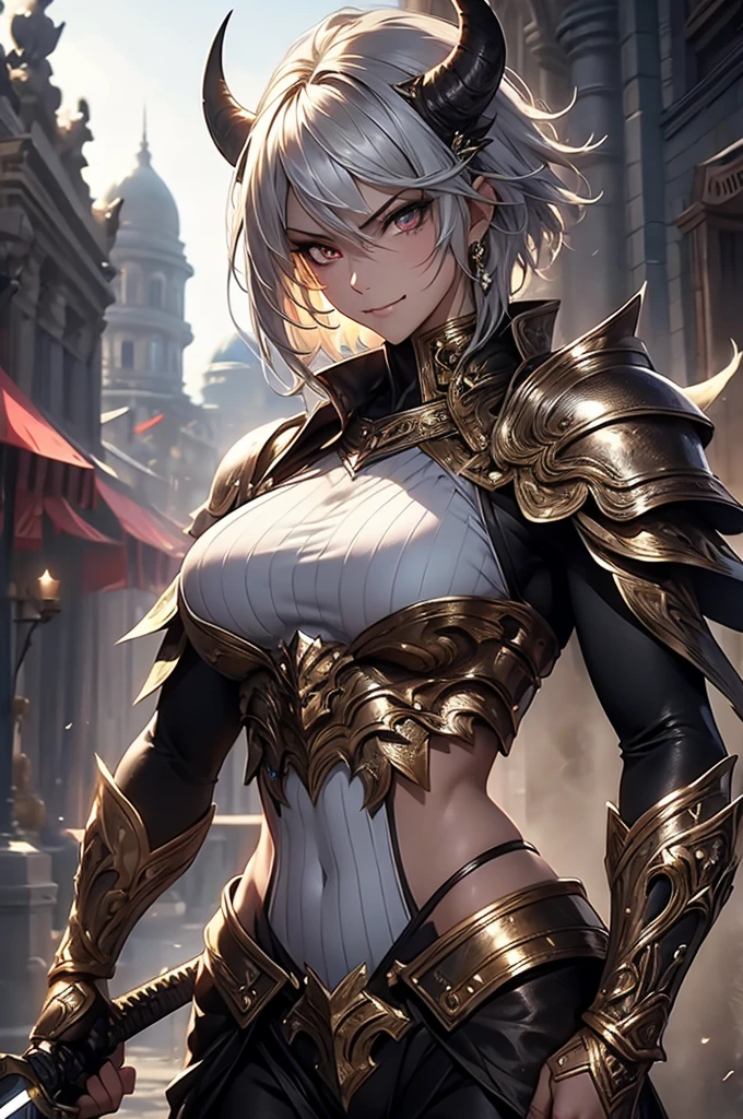 masterpiece,best quality,extremely detailed CG,ultra-detailed,beautiful detailed eyes,1girl,beast girl,muscular,abs,curvy,fang,angry smile,black bodypaint,blond hair,brown eyes,short hair,silver metal armor,holding sword,