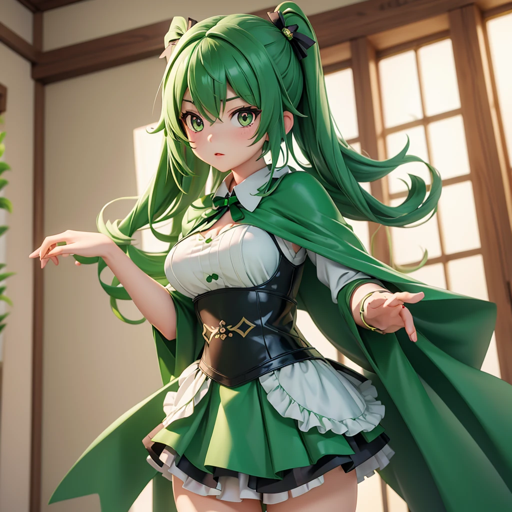 Anime girl with green hair and green skirt plays the piano, tatsumaki, Fubuki, anime moe art style, chihiro! fujisaki, Mikudayo, Pose(Arms up + Happy), In anime style, wataru kajika, Rei Hiroe, iwakura lain, in ryuuou no oshigoto art style