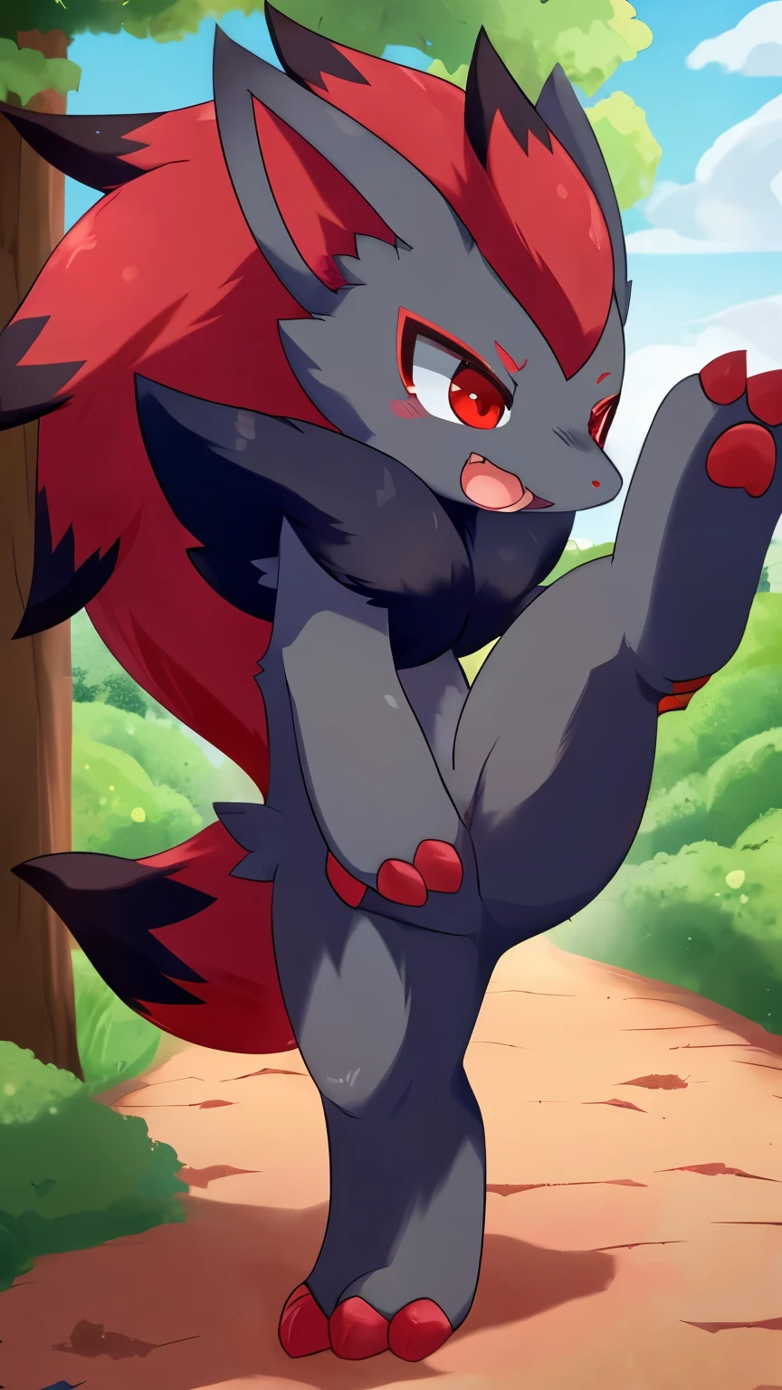 by:nakimayo ,cute,,all body ,(red eyes ,Frontal: 1.5),solo,smile,standing on the ground,zoroark,saliva, open mouth,raised leg,orgasm face ,looking pleasured,smile,(red eyes: 1.5),solo,openmouth,,toe claws,teeth,tail,facial tuft,claws, , ((feet paws)),(4 toes), , (foot focus),