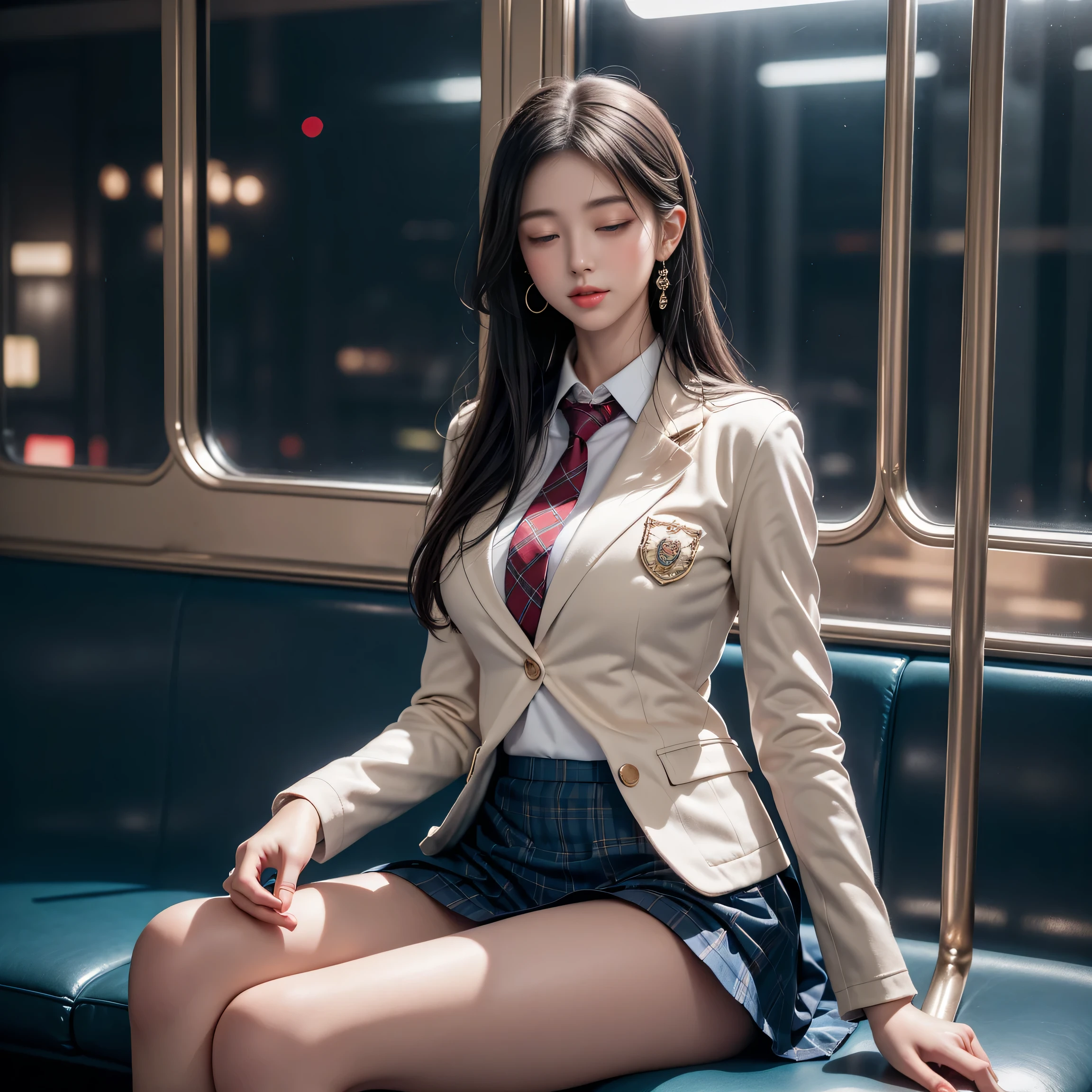 ((Girl sitting on a train seat)),Top quality work,actual work,Ultra Premium Graphics,8K HD CG works,High quality graphics,High-definition CG works,10x pixels,Extremely fine detail:1.1,Advanced Technical Details:1.1 Photorealistic,Indoor lighting effects:1.5,Natural light:1.5. Light effects(virtual Light effects:1.8),長いSilver Hair,Silver Hair,Transparent Hair,Hairstyles with great attention to detail(Premium Hair Detail:1.1),Beautiful double eyelids,Sharp eye makeup, Delicate eyelash makeup, Thin eyebrows,,High nose, Nice red lips, Rose Cheeks, A face with subtle makeup , Cute face, perfectly balanced face,(Advanced Face Detail:1.1),Shiny,bright red series,(White Blazer) 、(White blouse)、(Red bow tie)、(Check skirt)、、girl 、photo shoot,,Full body portrait,realism,wonderful,((Eyes closed)),((A girl lying on the seat with her legs spread)),((M-shaped legs))、(White panties are visible),