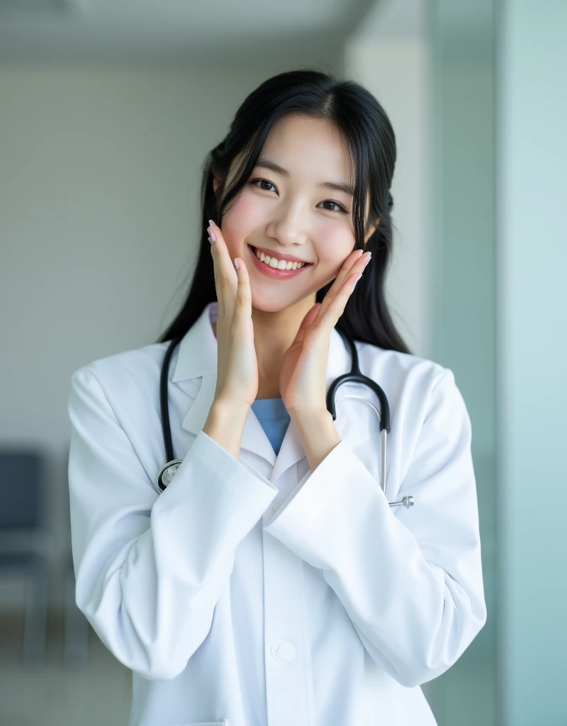  Full body shot of a smiling Japanese female doctor with hands raised doing the floweringface pose. Her beautiful, detailed features are framed by her hair and the playful expression enhanced by her facial touch. She has a slim hourglass figure, narrow waist, and medium breasts. Her black hair is styled to perfection, complementing her pale skin and fair complexion. The private modern hospital room provides a clean and serene backdrop for this photorealistic image.