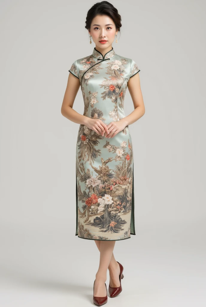 Middle-aged woman with black hair，Wearing printed cheongsam and brown shiny，Full body photo, Photo-realistic