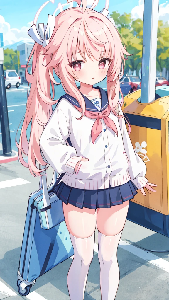 1 girl, summer,Pink Hair, Ahog, Long hair,Ahog,Hair accessories,
Long hair,Long sleeve,Sailor collar,,Seraph,No skirt,Pink panties,Over the knee socks,black Over the knee socks,
(Dynamic poses,:1.3),From above,high resolution, Anatomically correct, Best quality, masterpiece, blond, Four Ponytails, Side bangs, 