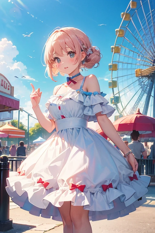 ((Light color)),, debt/1.2, 超High resolution, Attention to detail, Please redeem, High resolution, masterpiece、Memories at the amusement park、date、Dressed up girl、cute、Amusement park on a sunny day、Light production、Gentle colors