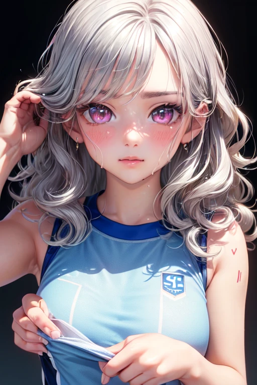 Beauty, High nose, Long eyelashes,Pink Lips, Closed Mouth, pastel colour, purple, Dull pink, Dull Blue, Light, Fluttering Hair,Big eyes, Inner color hair, turn around, Get wet, short hair, cute, 30 years old, glossy, charm, Real,null, smile,Wolf Hair, Big white t-shirt, Gray Hair,Smoke a cigarette,