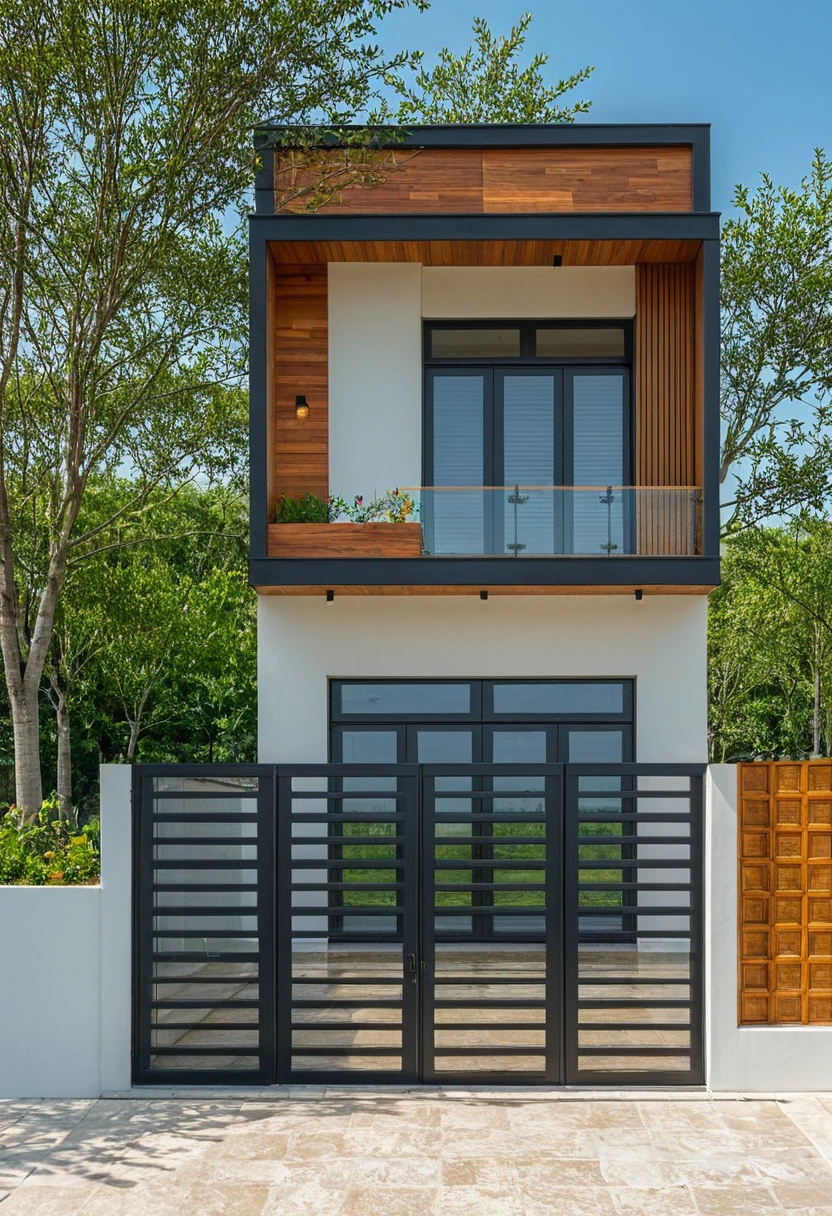 Raw photo, masterpiece, high quality, best quality, realistic, super detailed, outdoor, front view of a modern minimalist house with white walls and wooden accents, Wood details, stone details, wooden lamri, wooden ceiling, black frame glass doors, glass railings, flower beds, luxurious interior, black box iron entrance gate, front road, on the street, yard paving stones, trees in the background, lush tropical plants on both sides, sunny day, professional magazine style photography, daylight