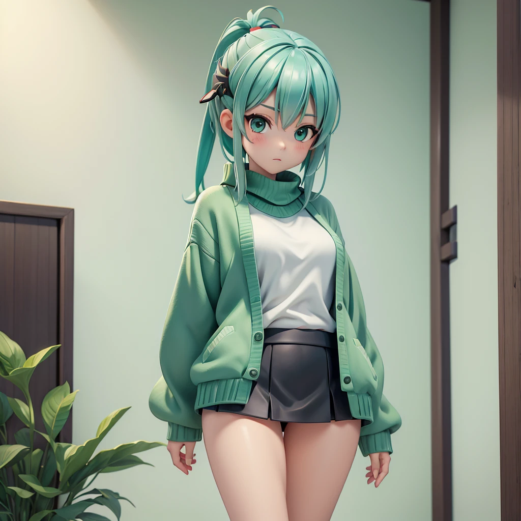 3DMM Style, (masutepiece, Best Quality), Intricate details, 1girl in, Solo, Green hair, flower hair clip, Green dress、a short skirt、Angle from below、 Looking at Viewer,｛{{skirt lift by yourself}}｝、{{{white  panties}}｝、pretty Panties、{{Panties exposed}}、{{Deep Camel Toe}}、{{Distinct man muscle}}