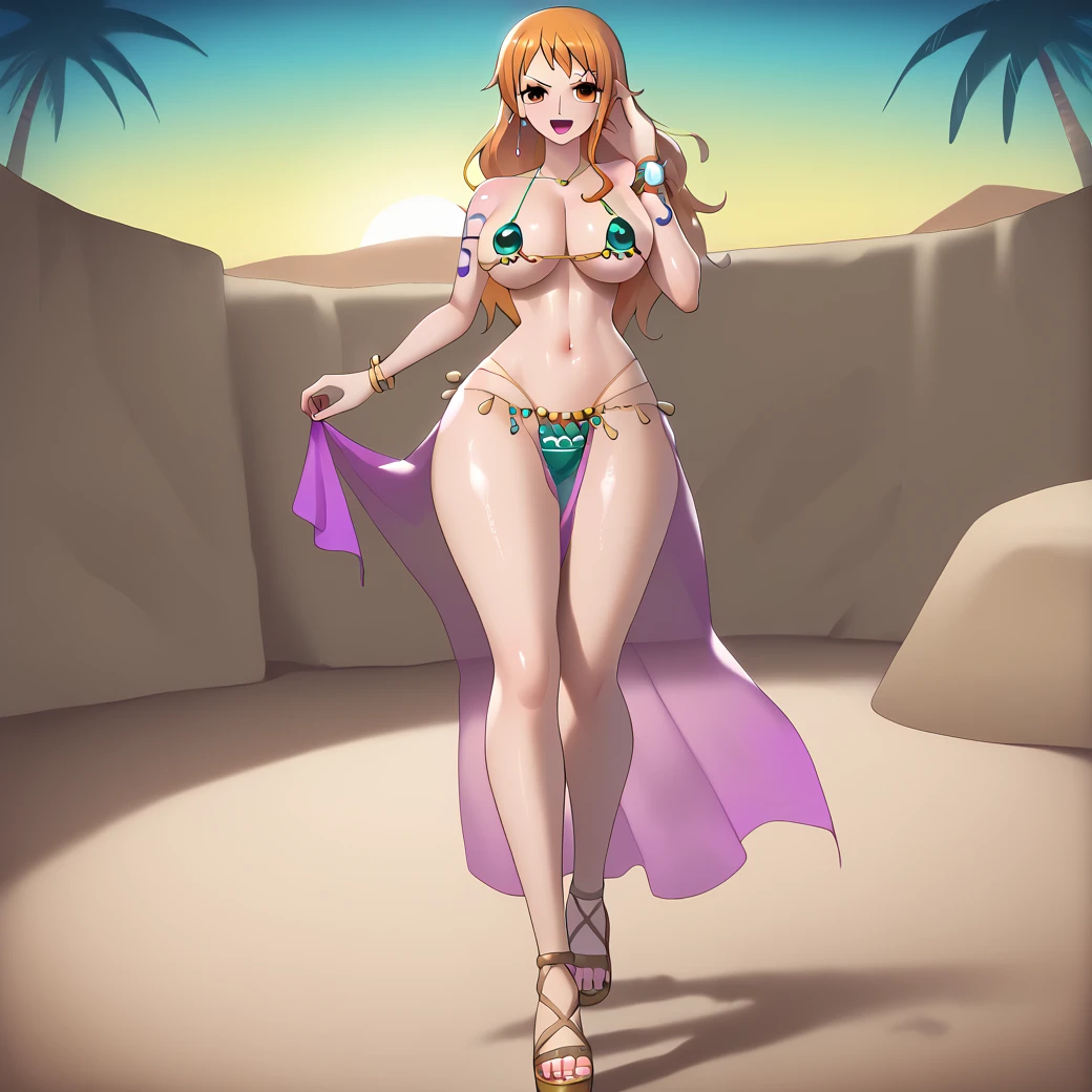 score_9,score_8_up,score_7_up,,1girl, nami, one piece pre-time skip, shiny skin, clothed female, wearing, nami, gyaru, full body, seductive, nami, bitch nami,, desert, Miraj, harem clothes, belly dance, live show, public throwing coins, concert, stage, lighting, purple harem clothes, venus bikini, fortune bikini, jewelry, navel, venus bikini, luxurious
