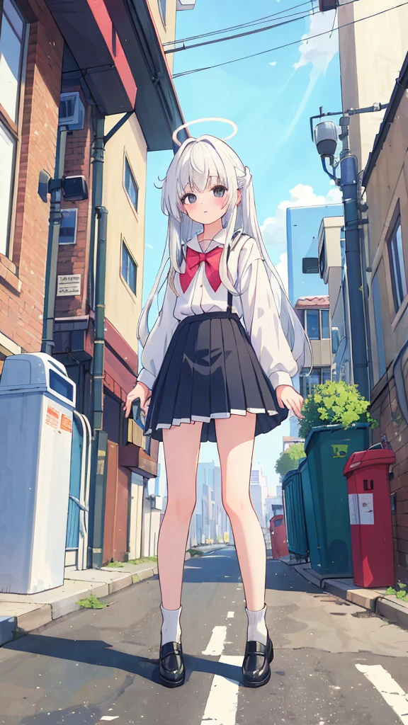 ((masterpiece, Best quality)),A girl, Solitary, skirt, Standing, Halo, alley, outdoor, Bangs, white skirt, White hair, Long hair, Black shoes, Industrial Pipes, Looking at the audience, air conditioner,Dark Lights, Rubbish, Rubbish bin, Huaxiahua 2011 