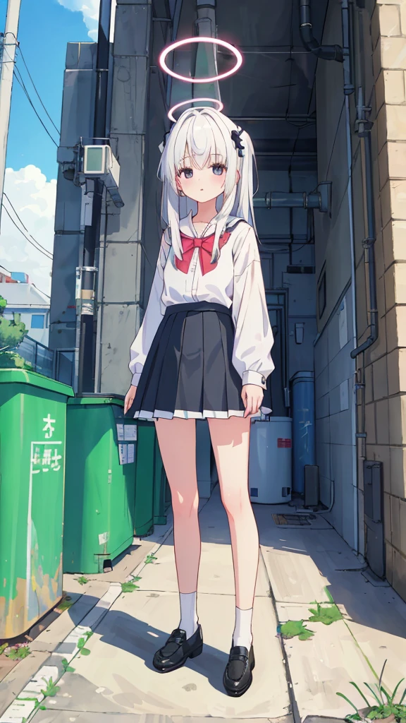 ((masterpiece, Best quality)),A girl, Solitary, skirt, Standing, Halo, alley, outdoor, Bangs, white skirt, White hair, Long hair, Black shoes, Industrial Pipes, Looking at the audience, air conditioner,Dark Lights, Rubbish, Rubbish bin, Huaxiahua 2011 