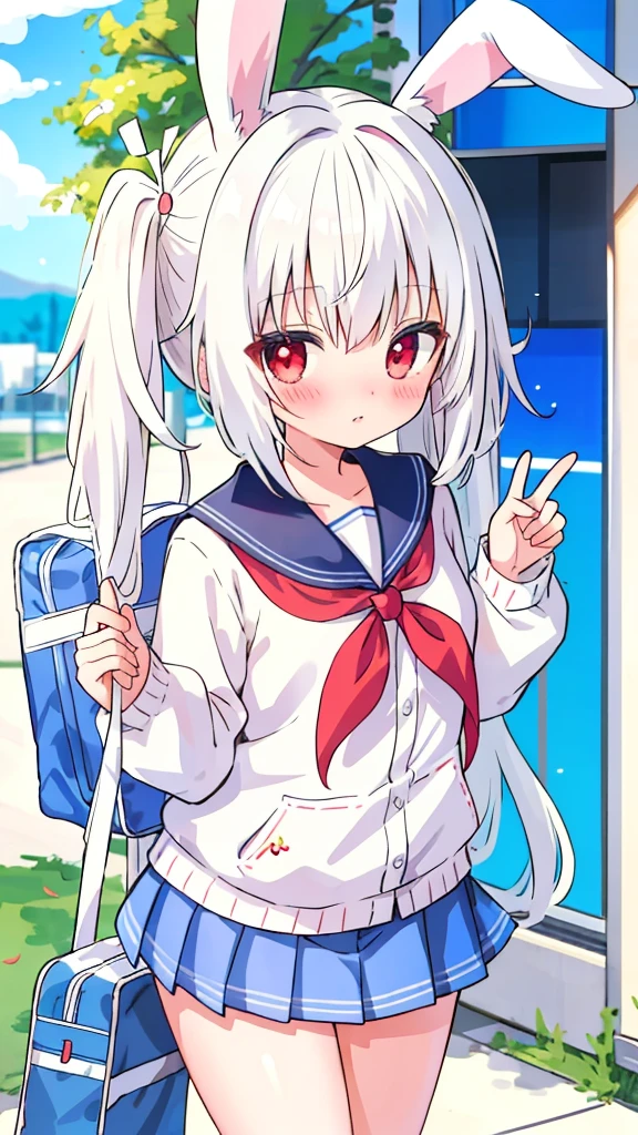 Anime Girl，White hair，Rabbit ears, Red Eyes, blushing, School Uniform