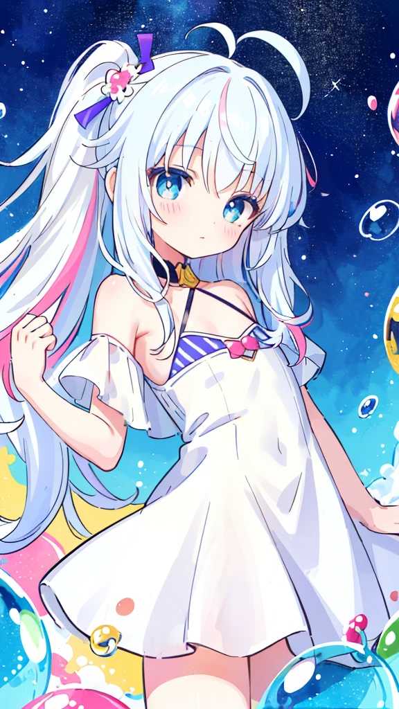 ((masterpiece)), ((highest quality)), (Super detailed), (cute), cute, cute, Lovely, figure, anime style, full body, full body focus, (beautiful eyes), a cute girl, 1 girl, alone, outer space, floating in space, white ruffle bikini swimsuit, beautiful straight long hair, Glasses, slim, thin, Medium chest, surprised face, jumping, active pose.