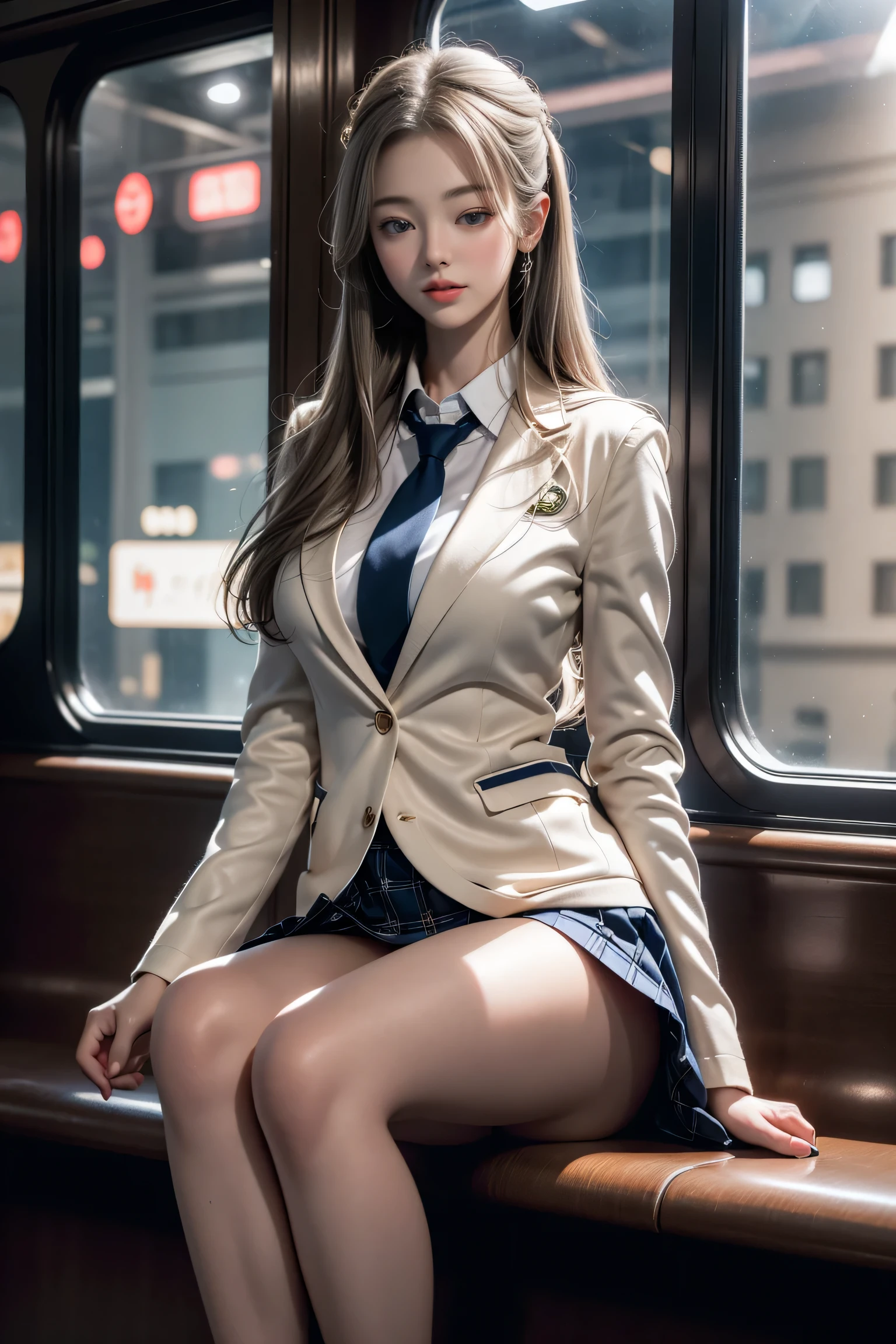 A lovely 35-year-old woman in a business suit and tight skirt is sitting on a horizontal wooden bench at the train station and reading a book. Spread her legs a little and look at her inner thighs from the front.