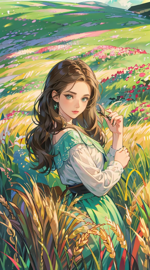 A girl in a wheat field, bright blue sky, looking up at the sky - SeaArt AI