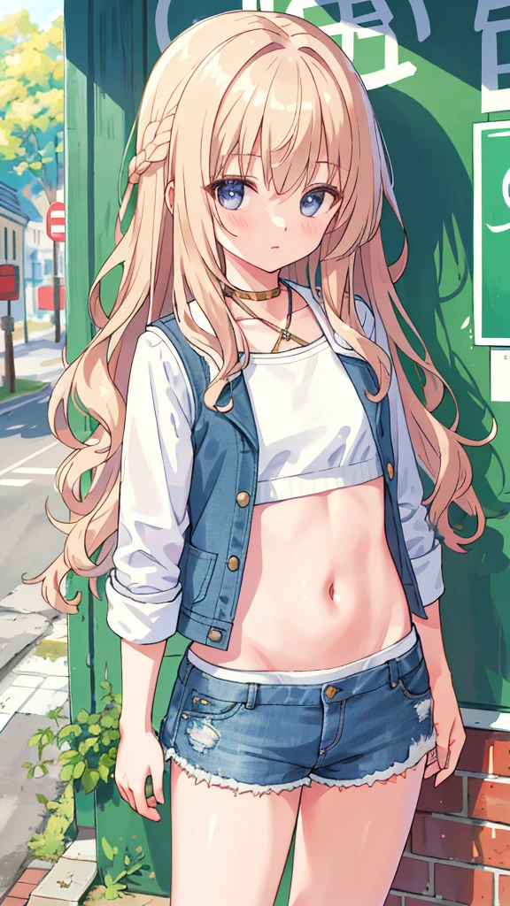 ((Medium bust size, Long hair, Small head)), sunlight, Sunlight, (Clear abdominal muscle lines: 1.1), (Perfect body: 1.1), (Short Wavy Hairstyle: 1.2), [Golden brown hair, collar, chain, Full body photo, Dilapidated streets, Wearing a black vest, Denim Jacket, ((shorts)), (Extremely detailed CG 8k wallpaper), (Very delicate and beautiful), (masterpiece), (Best quality: 1.0), (超high resolution: 1.0), Beautiful lighting, Perfect Lightning, Realistic shadows, [high resolution], Delicate skin, Super detailed