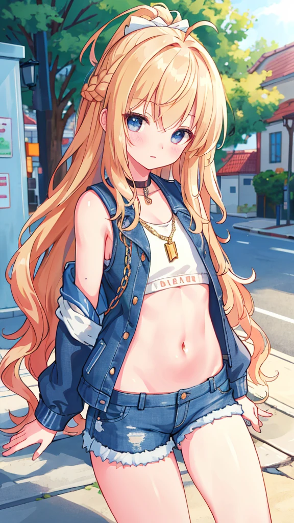 ((Medium bust size, Long hair, Small head)), sunlight, Sunlight, (Clear abdominal muscle lines: 1.1), (Perfect body: 1.1), (Short Wavy Hairstyle: 1.2), [Golden brown hair, collar, chain, Full body photo, Dilapidated streets, Wearing a black vest, Denim Jacket, ((shorts)), (Extremely detailed CG 8k wallpaper), (Very delicate and beautiful), (masterpiece), (Best quality: 1.0), (超high resolution: 1.0), Beautiful lighting, Perfect Lightning, Realistic shadows, [high resolution], Delicate skin, Super detailed