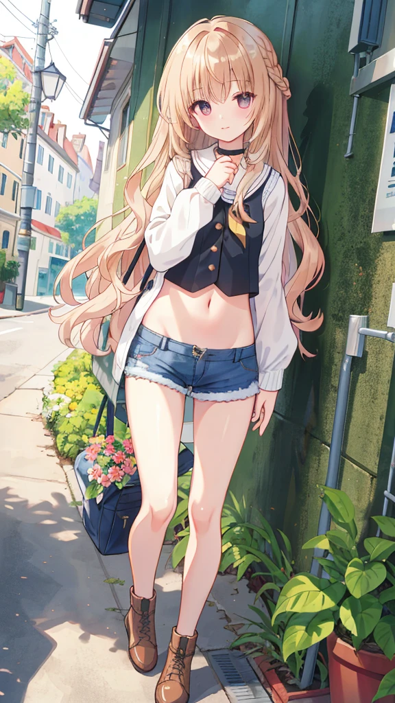 ((Medium bust size, Long hair, Small head)), sunlight, Sunlight, (Clear abdominal muscle lines: 1.1), (Perfect body: 1.1), (Short Wavy Hairstyle: 1.2), [Golden brown hair, collar, chain, Full body photo, Dilapidated streets, Wearing a black vest, Denim Jacket, ((shorts)), (Extremely detailed CG 8k wallpaper), (Very delicate and beautiful), (masterpiece), (Best quality: 1.0), (超high resolution: 1.0), Beautiful lighting, Perfect Lightning, Realistic shadows, [high resolution], Delicate skin, Super detailed