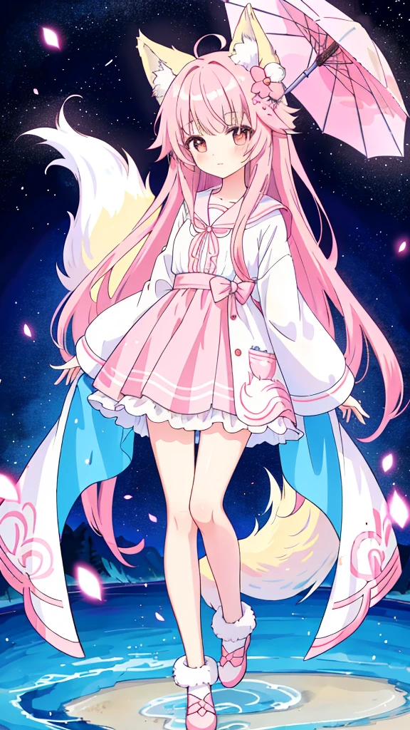 Nine snow-white fox tails (1.0), Milk Foxtail (1.0), Nine-Tailed Fox狐特写, Nine-Tailed Fox, Nine-Tailed Fox, Pink hair and pink dress，Anime girl with flowers on her head, very Beautiful anime fox girl, Beautiful anime fox girl, Beautiful fantasy anime, Gu Weiss, Anime girl with fox ears, Beautiful anime girl, Very beautiful and cute female fox, Pink flower rain, Background blur, Anime style 4K, Anime Fantasy Artwork, 4k anime wallpaper, Guvez-style artwork