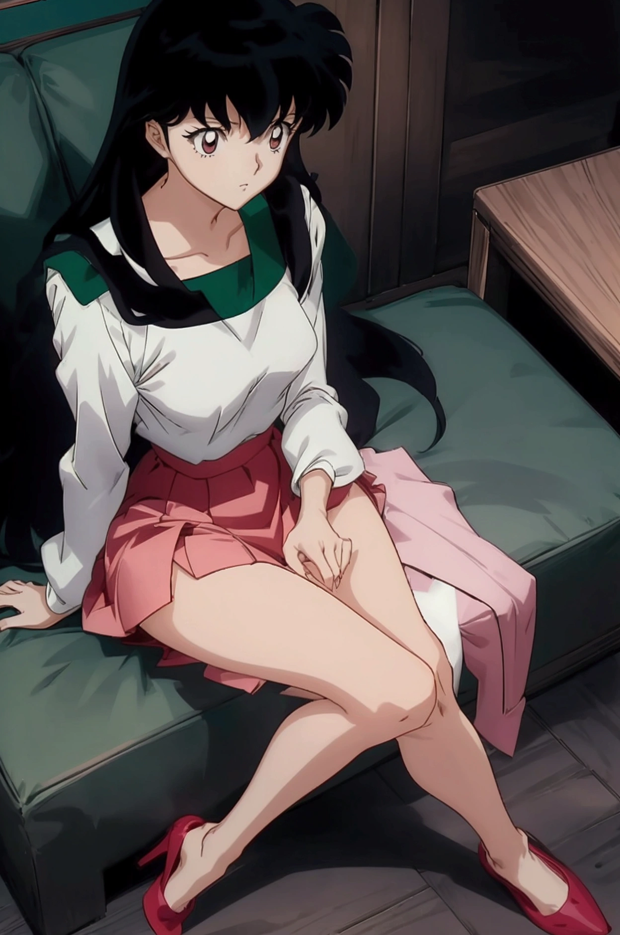 Kagome-inuyasha, long hair, by black, bob cut, black eyes, bare shoulders, strapless, medium chest, pink shirt, Pink mini skirt, sitting on a sofa, full body, bare legs with red heels, crossed legs,serious guy