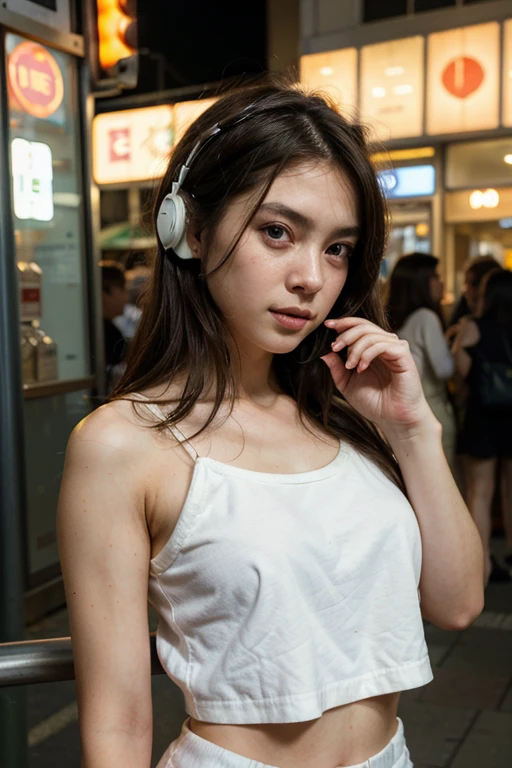 (One Girl),Japan at 25,Medium black hair with some green highlights、 I have a few freckles、Nipples are visible、Small areola、Standing full-body photo、White headphones with a complex shape,in the abandoned building、Night Photo、Great face and eyes, ((Highest quality)), (Super detailed), (Very detailed CG 統合 8k 壁紙), Very detailed, High-resolution RAW color photos, Professional photography,