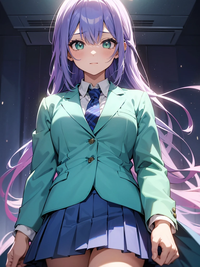 Tang Wutong, big boobs, wearing a blazer white shirt and black skirt and a tie, school uniform, school corridor