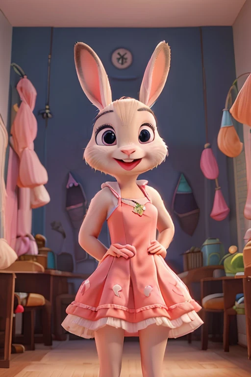 Judy Hopps, (, raised up), Facing slightly off-center, (short frilly dress, Semen coming out of the vagina), (Speak Up, Sticking out tongue, ), Place your arms behind your back