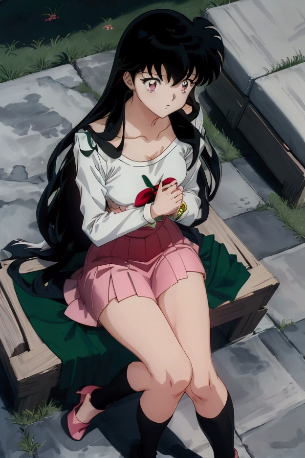 Kagome-inuyasha, long hair, by black, bob cut, black eyes, bare shoulders, strapless, medium chest, pink shirt, Pink mini skirt, sitting on a sofa, full body, bare legs with red heels, crossed legs,serious guy