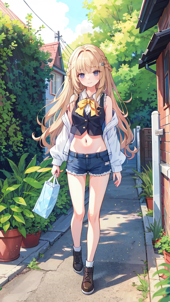 ((Long hair, Small head)), sunlight, Sunlight, (Clear abdominal muscle lines: 1.1), (Perfect body: 1.1), (Short Wavy Hairstyle: 1.2), [Golden brown hair, collar, chain, Full body photo, Dilapidated streets, Wearing a black vest, Denim Jacket, ((shorts)), (Extremely detailed CG 8k wallpaper), (Very delicate and beautiful), (masterpiece), (Best quality: 1.0), (超high resolution: 1.0), Beautiful lighting, Perfect Lightning, Realistic shadows, [high resolution], Delicate skin, Super detailed，Big breasts(d), 