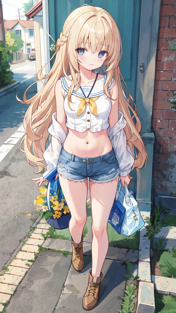 ((Long hair, Small head)), sunlight, Sunlight, (Clear abdominal muscle lines: 1.1), (Perfect body: 1.1), (Short Wavy Hairstyle: 1.2), [Golden brown hair, collar, chain, Full body photo, Dilapidated streets, Wearing a black vest, Denim Jacket, ((shorts)), (Extremely detailed CG 8k wallpaper), (Very delicate and beautiful), (masterpiece), (Best quality: 1.0), (超high resolution: 1.0), Beautiful lighting, Perfect Lightning, Realistic shadows, [high resolution], Delicate skin, Super detailed，Big breasts(d), 