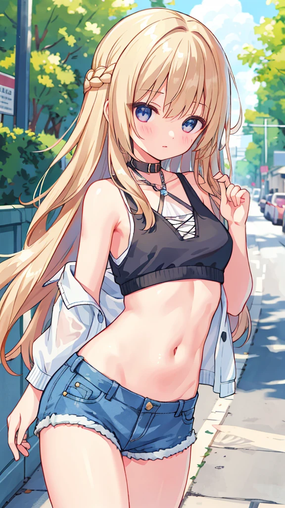 ((Long hair, Small head)), sunlight, Sunlight, (Clear abdominal muscle lines: 1.1), (Perfect body: 1.1), (Short Wavy Hairstyle: 1.2), [Golden brown hair, collar, chain, Full body photo, Dilapidated streets, Wearing a black vest, Denim Jacket, ((shorts)), (Extremely detailed CG 8k wallpaper), (Very delicate and beautiful), (masterpiece), (Best quality: 1.0), (超high resolution: 1.0), Beautiful lighting, Perfect Lightning, Realistic shadows, [high resolution], Delicate skin, Super detailed，Big breasts(d), 