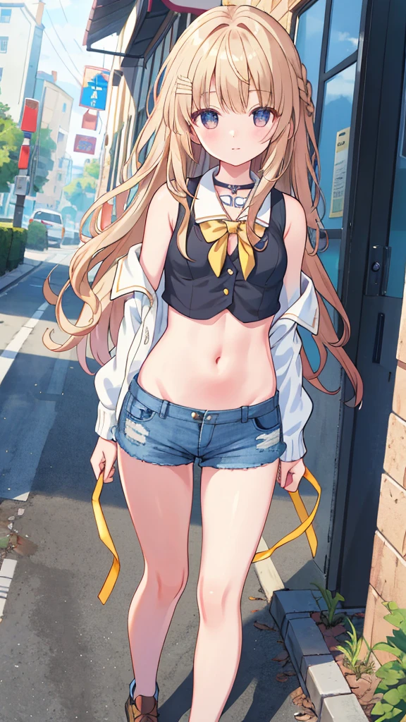 ((Long hair, Small head)), sunlight, Sunlight, (Clear abdominal muscle lines: 1.1), (Perfect body: 1.1), (Short Wavy Hairstyle: 1.2), [Golden brown hair, collar, chain, Full body photo, Dilapidated streets, Wearing a black vest, Denim Jacket, ((shorts)), (Extremely detailed CG 8k wallpaper), (Very delicate and beautiful), (masterpiece), (Best quality: 1.0), (超high resolution: 1.0), Beautiful lighting, Perfect Lightning, Realistic shadows, [high resolution], Delicate skin, Super detailed，Big breasts(d), 