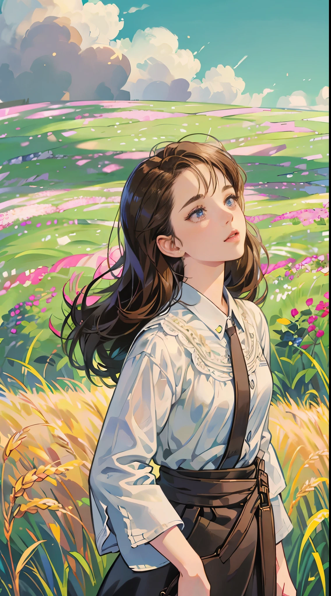 anime girl in a field of sunflowers with a mountain in the background, beautiful sunflower anime girl, anime girl with long hair, anime visual of a cute girl, clean detailed anime art, beautiful anime portrait, digital anime illustration, smooth anime cg art, anime moe artstyle, official art, beautiful anime girl, detailed digital anime art, artwork in the style of guweiz