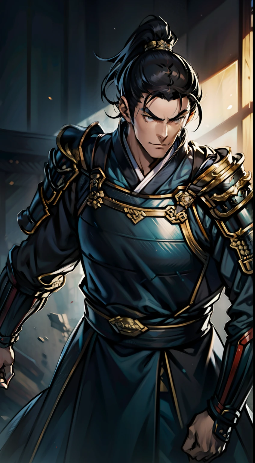 The Second Dimension,Anime style,one person(Male Warrior),Correct proportions,Facial details,swordsman,High Ponytail Hairstyle,Neck details,(Active attention),(在黑暗的night:1),(Best quality),(Honest:1),Record,Realistic skin texture,Very detailed,8k wallpaper,Volumetric Lighting,Dynamic Lighting,A man,Long black ponytail,Black robe,GoldBelt,Small amount of armor,scapular,Waist protector,Gauntlets,Hold the sword in front of you,horse riding,Antique Chinese style,Waist Dagger,Attack Stance,Blood,The clothes were torn,Ancient Chinese Battlefield,A group of soldiers chasing,Arrow Flying,Frequent wars,night,drama,Sword Qi Surrounding,Rich image details,carol,Light,The costumes are complicated,Perfect composition,Refinement,high quality,More details,Lots of details,Complex background,Sense of atmosphere,Game quality,fencing,Light线追踪,Light线追踪,细腻的Light芒,CG Rendering,Hair details,