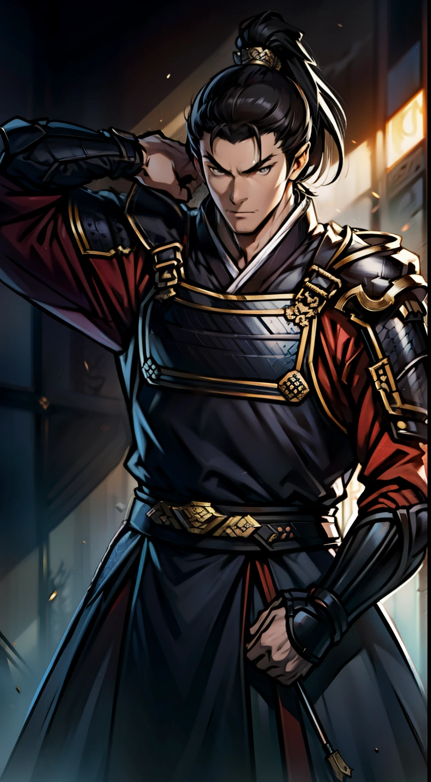 The Second Dimension,Anime style,one person(Male Warrior),Correct proportions,Facial details,swordsman,High Ponytail Hairstyle,Neck details,(Active attention),(在黑暗的night:1),(Best quality),(Honest:1),Record,Realistic skin texture,Very detailed,8k wallpaper,Volumetric Lighting,Dynamic Lighting,A man,Long black ponytail,Black robe,GoldBelt,Small amount of armor,scapular,Waist protector,Gauntlets,Hold the sword in front of you,horse riding,Antique Chinese style,Waist Dagger,Attack Stance,Blood,The clothes were torn,Ancient Chinese Battlefield,A group of soldiers chasing,Arrow Flying,Frequent wars,night,drama,Sword Qi Surrounding,Rich image details,carol,Light,The costumes are complicated,Perfect composition,Refinement,high quality,More details,Lots of details,Complex background,Sense of atmosphere,Game quality,fencing,Light线追踪,Light线追踪,细腻的Light芒,CG Rendering,Hair details,