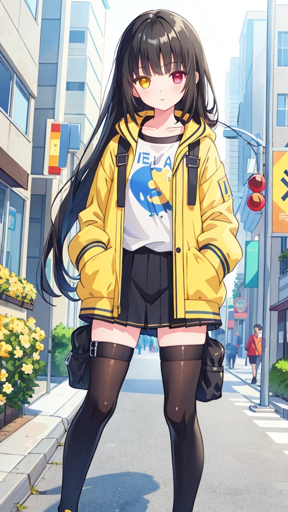 A girl, Yellow Jacket, Hands in pockets, Staring at others, Long black hair, Heterochromia, Heterochromia, Heterochromia孔, 8k resolution, Very detailed, Anatomically accurate, Digital Painting, Concept Art, Shinkai Makoto style, Clear pictures,  