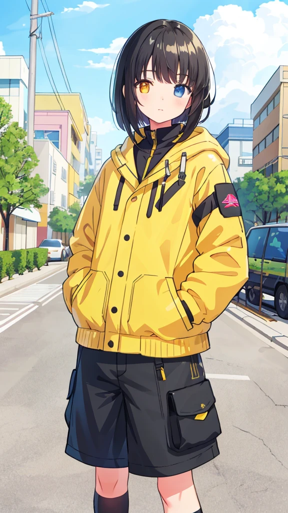 A girl, Yellow Jacket, Hands in pockets, Staring at others, Long black hair, Heterochromia, Heterochromia, Heterochromia孔, 8k resolution, Very detailed, Anatomically accurate, Digital Painting, Concept Art, Shinkai Makoto style, Clear pictures,  