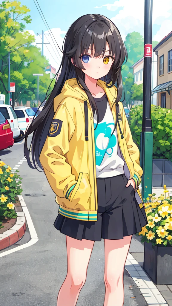 A girl, Yellow Jacket, Hands in pockets, Staring at others, Long black hair, Heterochromia, Heterochromia, Heterochromia孔, 8k resolution, Very detailed, Anatomically accurate, Digital Painting, Concept Art, Shinkai Makoto style, Clear pictures,  