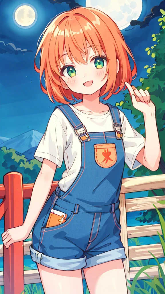 1 Girl, sxfrances, Short hair, Orange Hair, Green eyes, freckle, Smile, Red overalls, Blue Shirt, Roll up your sleeves, Mountain, moon, (night:1.5), Looking at the audience 