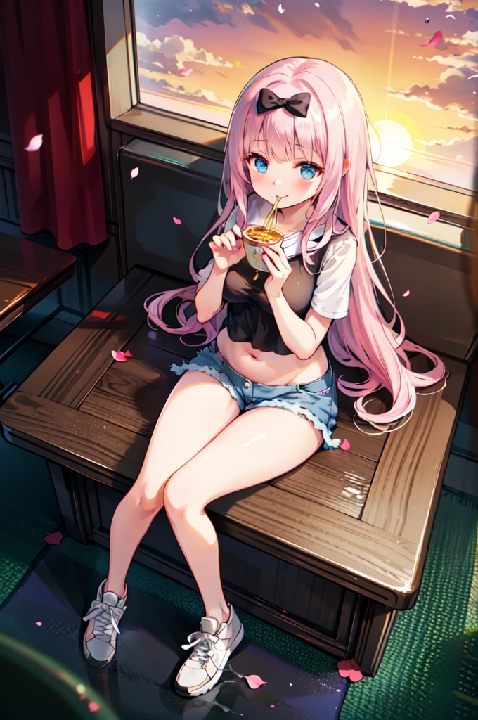 Realistic image, Detailed Images, Consistent image, One beautiful girl, She has very long hair, She has a black ribbon in her square bangs., Pink Hair, Bright Blue Eyes, smile, Wink, She is wearing a loose blouse, I can see my belly button, mini jean shorts, sneakers, She has a curvaceous figure, Big breasts and thick thighs, She is sitting and eating ramen, Sit Sensually, Show me your legs, Arch your back, Surrounded by falling petals, Inside the restaurant, Full Body View, View from above, sunset, evening, Soft Focus, Dramatic Shadows, Volumetric lighting, Natural Light,Chika Fujiwara