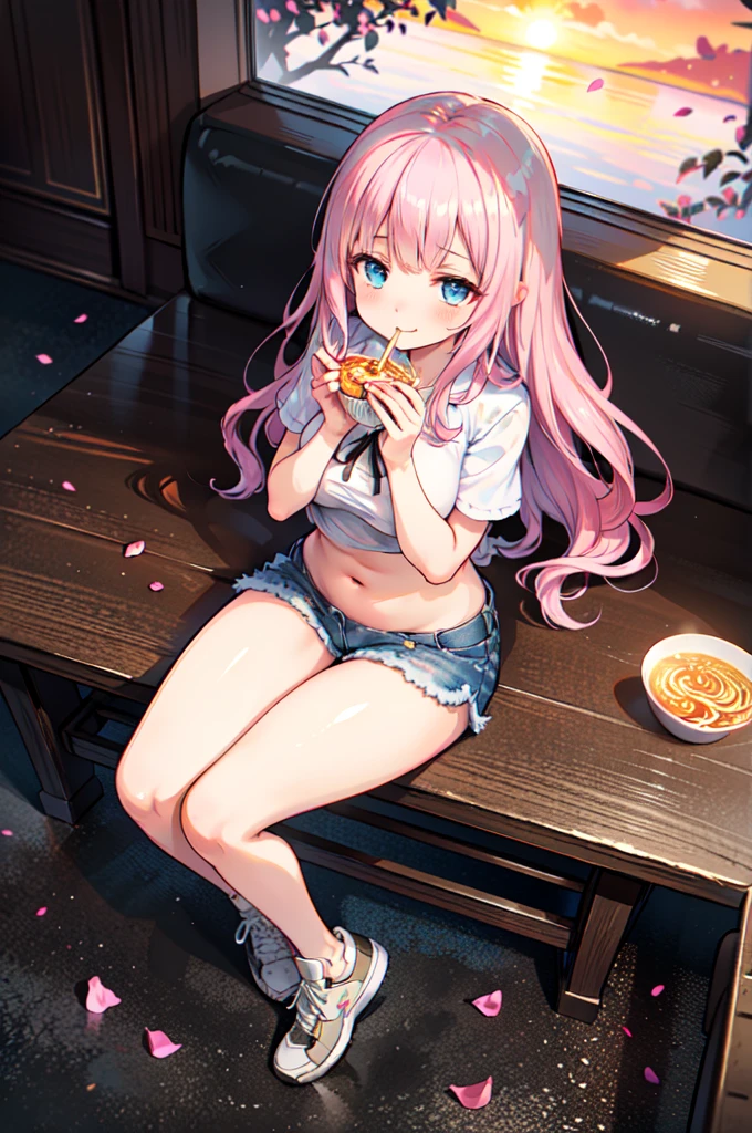 Realistic image, Detailed Images, Consistent image, One beautiful girl, She has very long hair, She has a black ribbon in her square bangs., Pink Hair, Bright Blue Eyes, smile, Wink, She is wearing a loose blouse, I can see my belly button, mini jean shorts, sneakers, She has a curvaceous figure, Big breasts and thick thighs, She is sitting and eating ramen, Sit Sensually, Show me your legs, Arch your back, Surrounded by falling petals, Inside the restaurant, Full Body View, View from above, sunset, evening, Soft Focus, Dramatic Shadows, Volumetric lighting, Natural Light,Chika Fujiwara