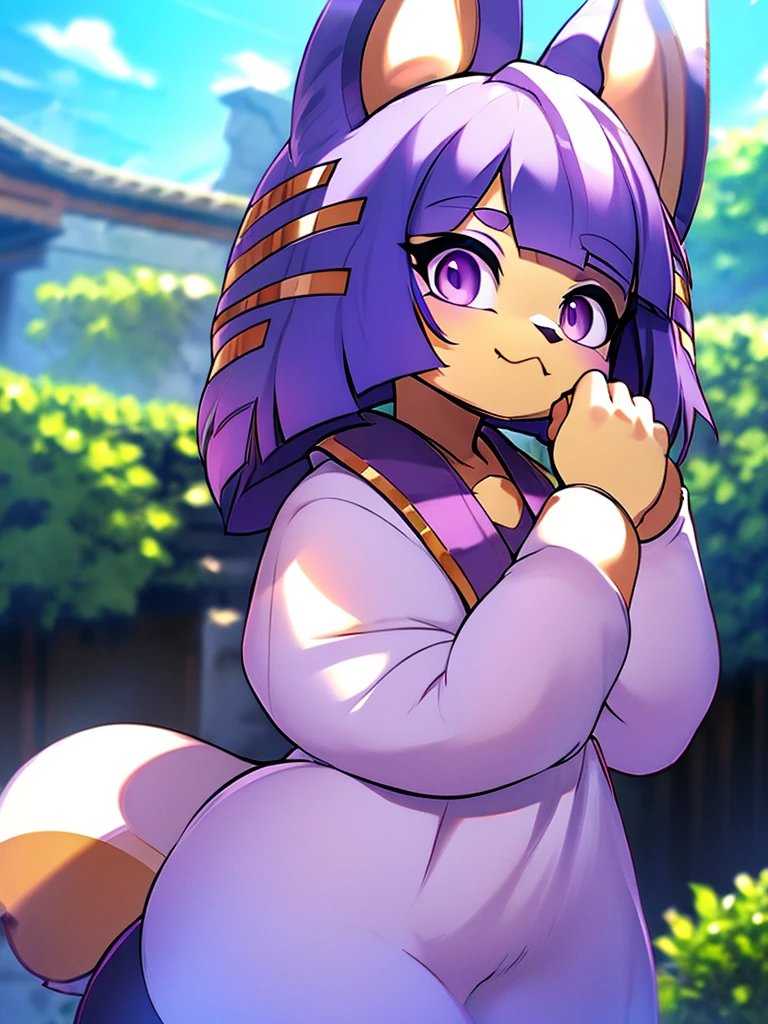 Purple Hair, Green Eyes, White goat girl, happy, Fluffy